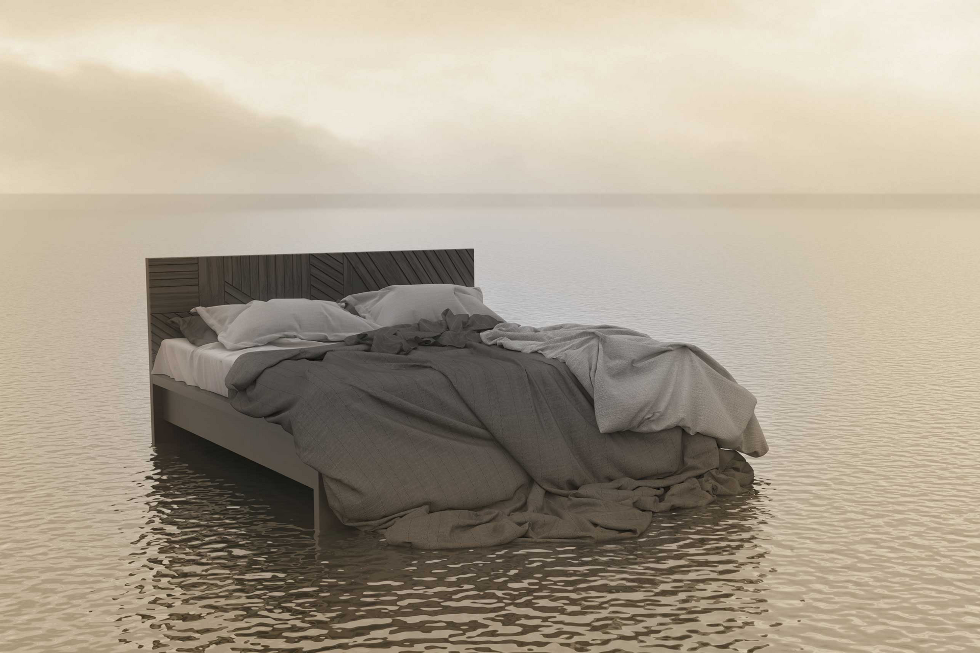 Bett steht in Wasser mit endlosem Horizont