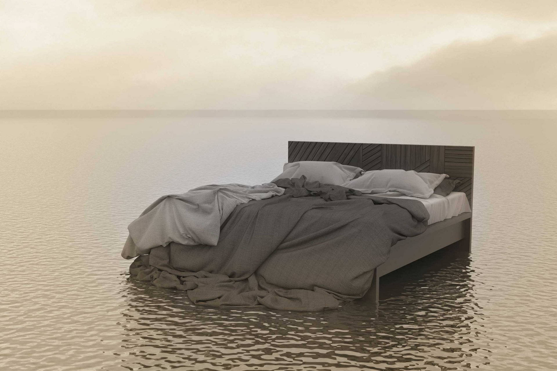 Bild eines Betts, das in rundum Wasser steht, um das chronische Erschöpfungssyndrom zu versinnbildlichen