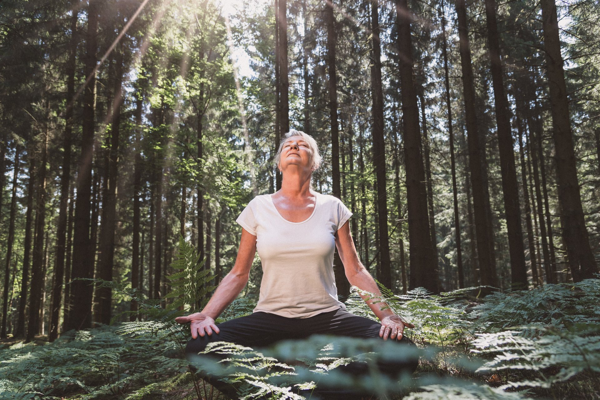 Frau im Wald im Schneidersitz am Meditieren