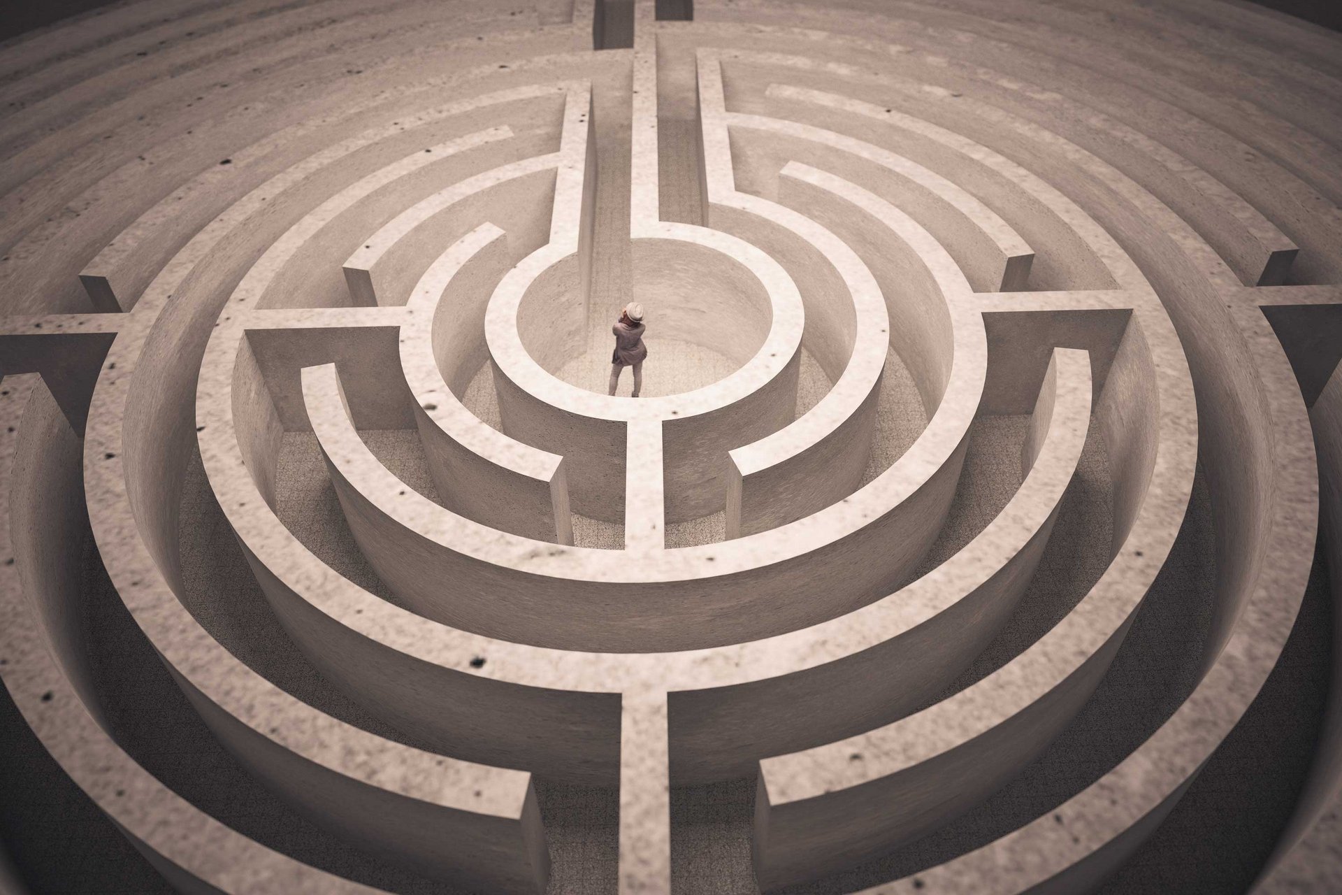 Person in einem Labyrinth, um Denkstörungen bei Depressionen darzustellen