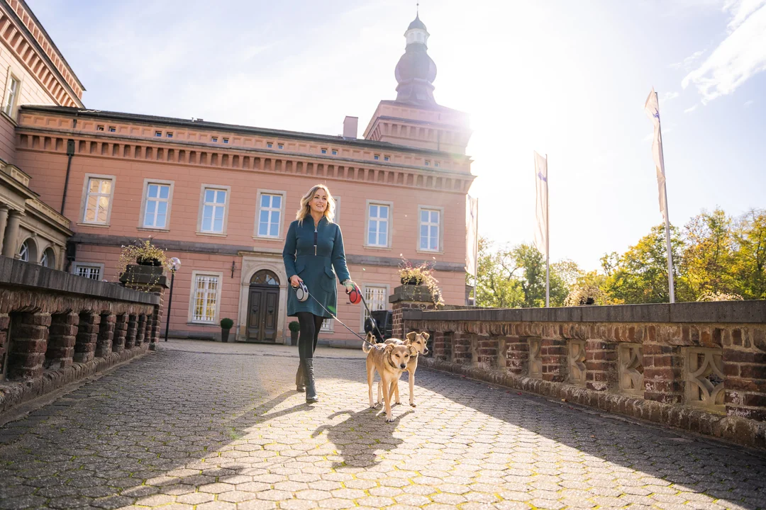 frau hund spaziergang historisches gebaeude sonnenlicht