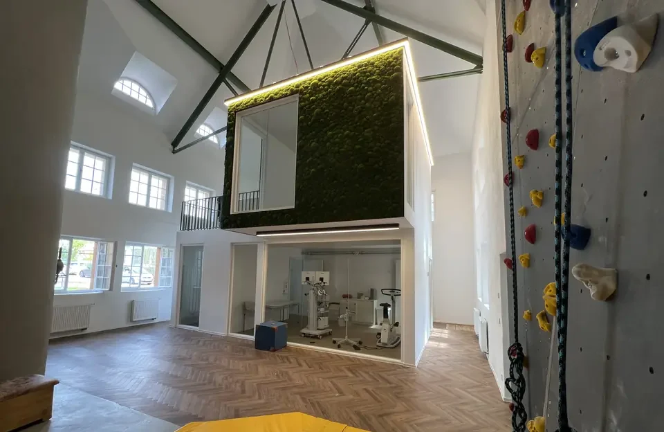 kletterwand fitnessstudio mooswand hohe decken holzboden 1 e1779207270459